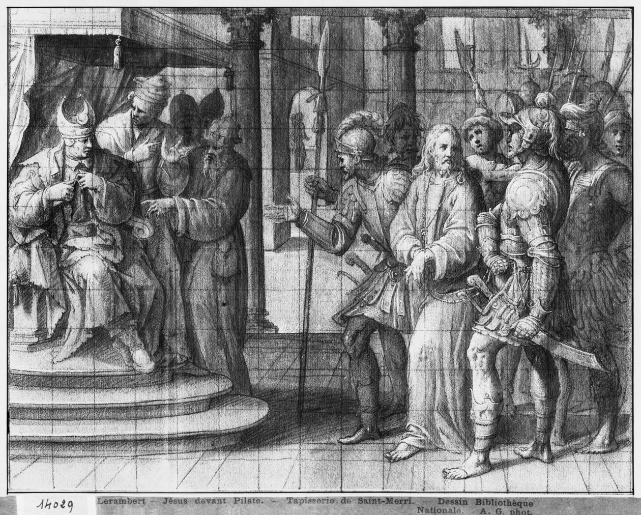 Life of Christ, Christ before Pontius Pilate, preparatory study of tapestry cartoon for the Church Saint-Merri in Paris, c.1585-90 (pierre noire und wash und white highlights on paper) by Henri Lerambert
