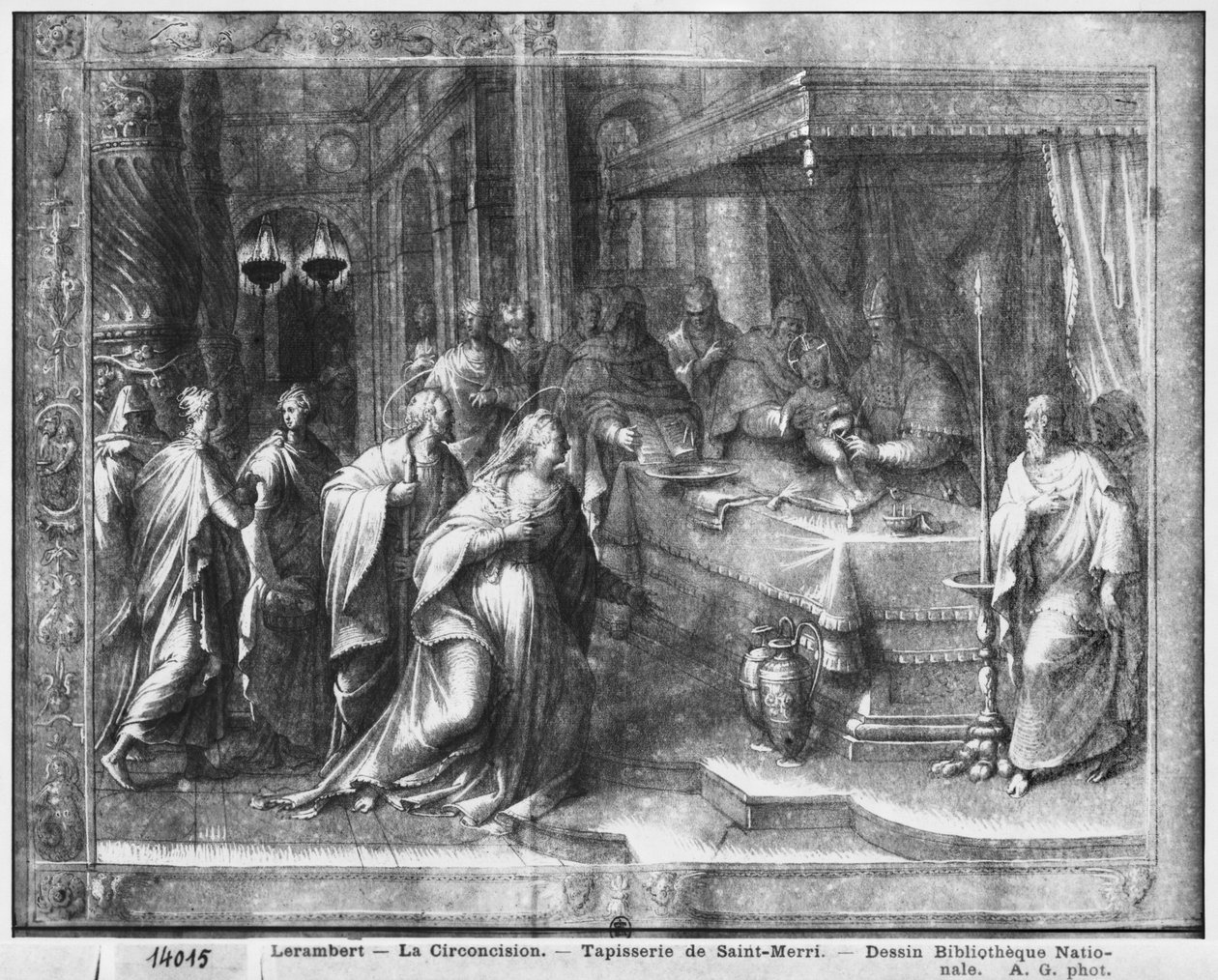 Life of Christ, Circumcision, preparatory study of tapestry cartoon for the Church Saint-Merri in Paris, c.1585-90 (pierre noire und wash und white highlights on paper) by Henri Lerambert
