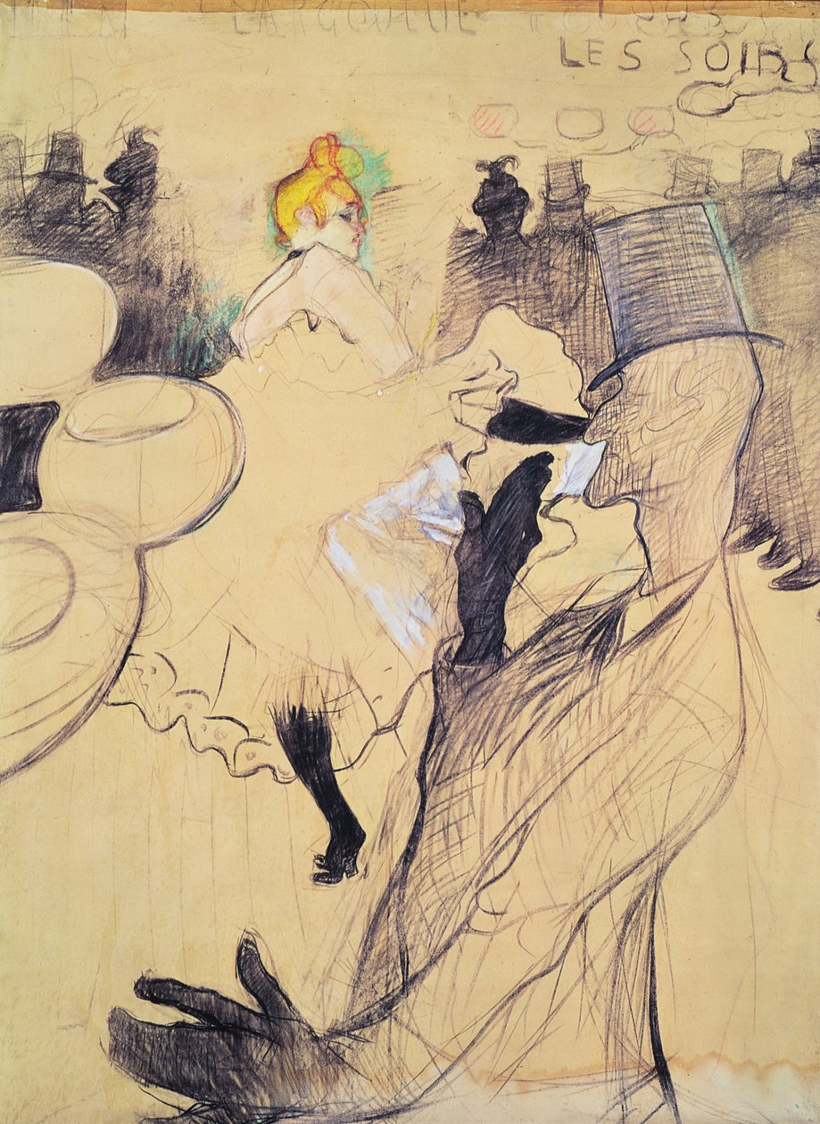Moulin-Rouge, Goulue ve Valentin, Kemiksiz Olan, 1891 (kağıt üzerinde kalem ve mürekkep ve renkli kurşun kalem) by Henri de Toulouse Lautrec