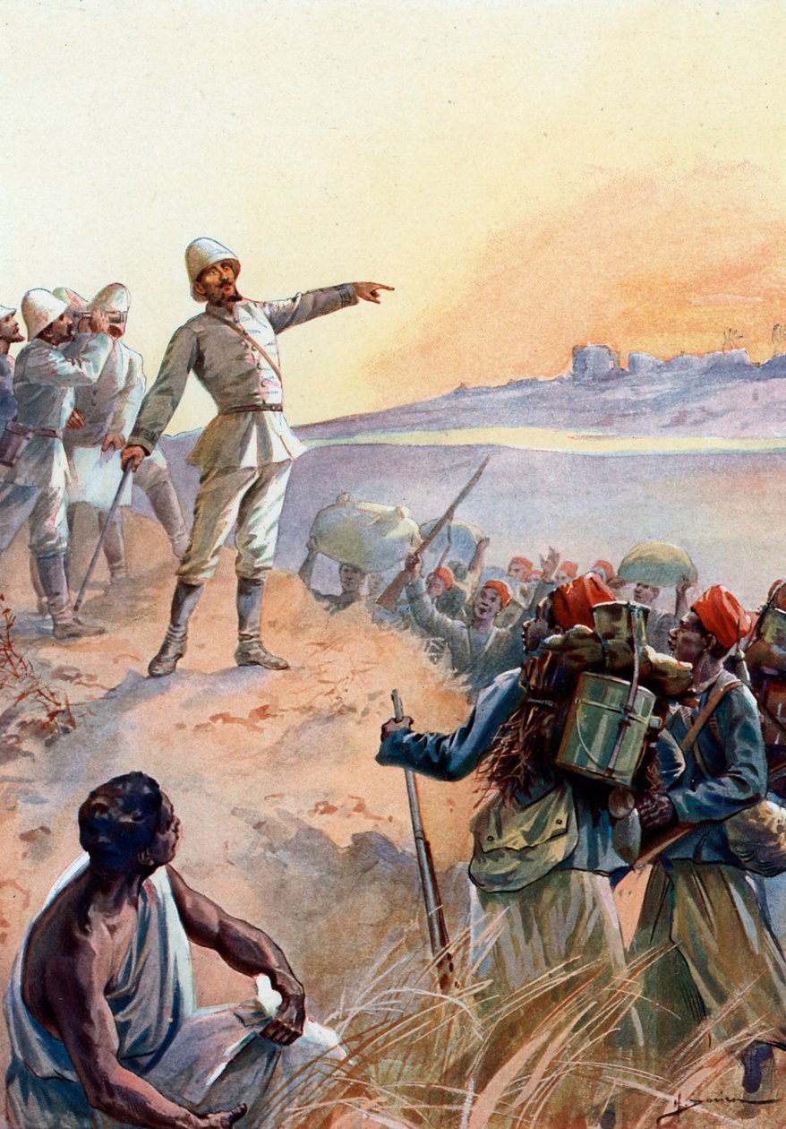 Fachoda Krizi: Yüzbaşı Jean Baptiste Marchand (1863-1934) ve Senegalli Tirailleurs, Sudan'daki Fachoda'yı bir Fransız himayesi haline getirmek için yürüyor, Temmuz 1898” (Fashoda olayı: Binbaşı Jean-Baptiste Marchand, Afrika'yı güvenlik altına  by Henri Gaston Darien