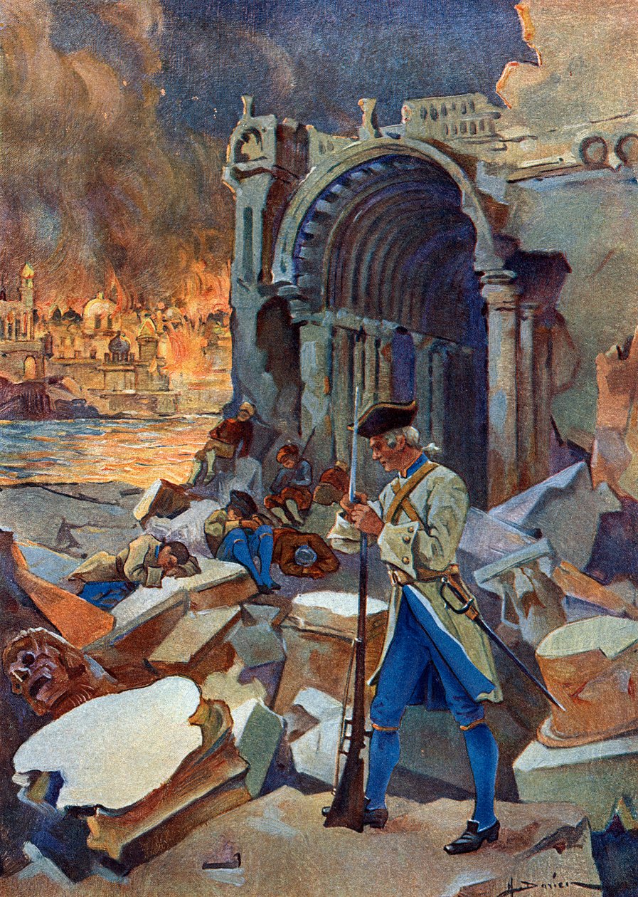Kızılderili Seferi (1778-1783): Ağustos 1782'de Seylan'da Fransız Suffren ordusuna karşı Amiral Hugues İngilizlerine karşı Trinquemalay Muharebesi'nin görünümü” (Amerikan Devrim Savaşı: Doğu Hint Adaları: Bir İngiliz filosu arasındaki Trincomal by Henri Gaston Darien