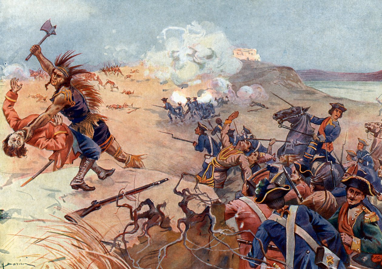 Yedi Yıl Savaşları, Conquete Savaşı (1754-1763): 8/07/1758'de Champlain Gölü'nün (New York) güneyindeki Ticonderoga'da Mohawk'larla müttefik Fransız ve İngiliz birlikleri arasında Fort Carillon Savaşı (Fransız ve Hint) Savaş (1754-1763), Ye by Henri Gaston Darien