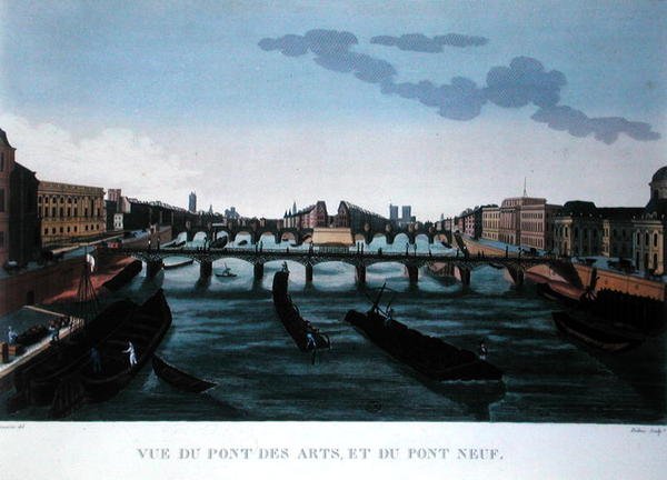 Pont des Arts ve Pont Neuf, c.1815-20 (renkli gravür) by Henri (after) Courvoisier Voisin