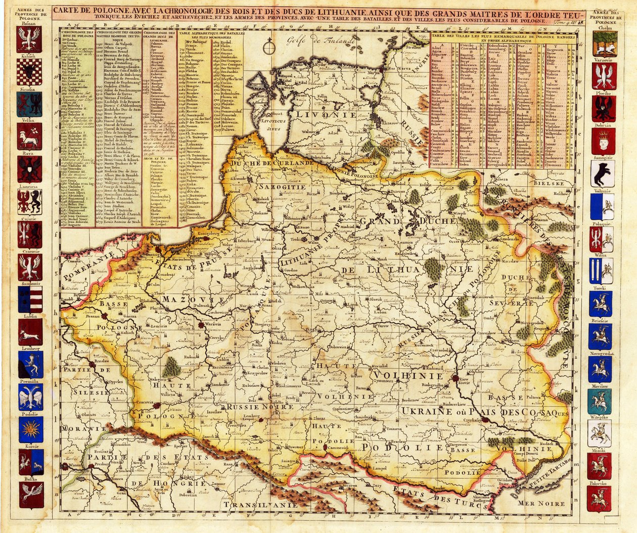 Polonya Haritası Livonia ve Moskova Büyük Dükalığı par Chatelain, Henri Abraham (1684-1743) bölümlerini içerir. gravür, sulu boya by Henri Abraham Chatelain
