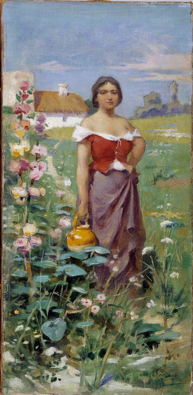 Camargaise bir sürahi Tarlada bir çingene ile giyinmiş genç bir kadın. Adrien Henri Tanoux (1865-1923) tarafından yapılan resim 20. yüzyıl Zorunlu söz: Koleksiyon fondasyonu, de Provence, Marsilya by Henri Adrien Tanoux