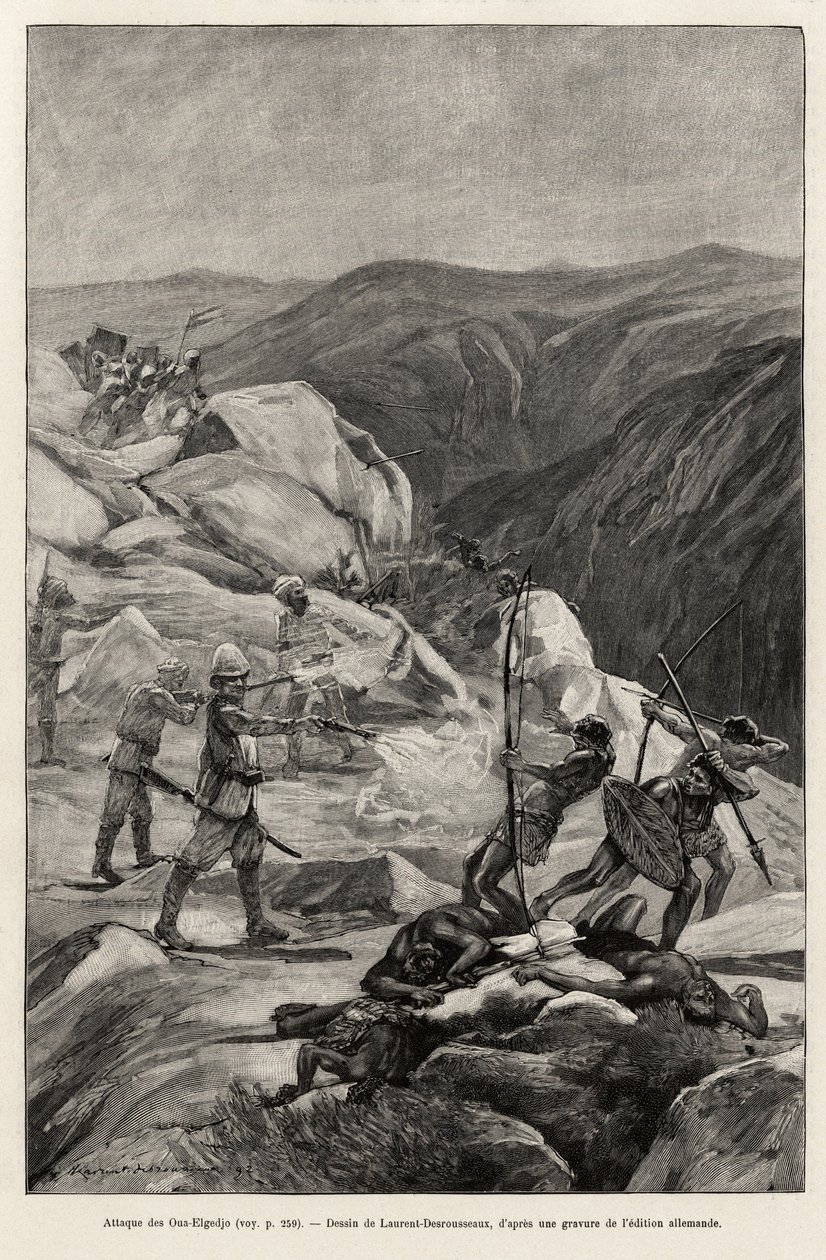 Oua-Elgedjo saldırısı. Laurent Desrousseaux tarafından yapılan gravür, Doktor Peters