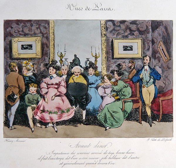 Francois Seraphin Delpech (1778-1825) tarafından kazınmış, akşam yemeğinden önce konukların davranışlarının ve konuşmalarının mizahi tasviri (renkli taş) by Henri Bonaventure (after) Monnier