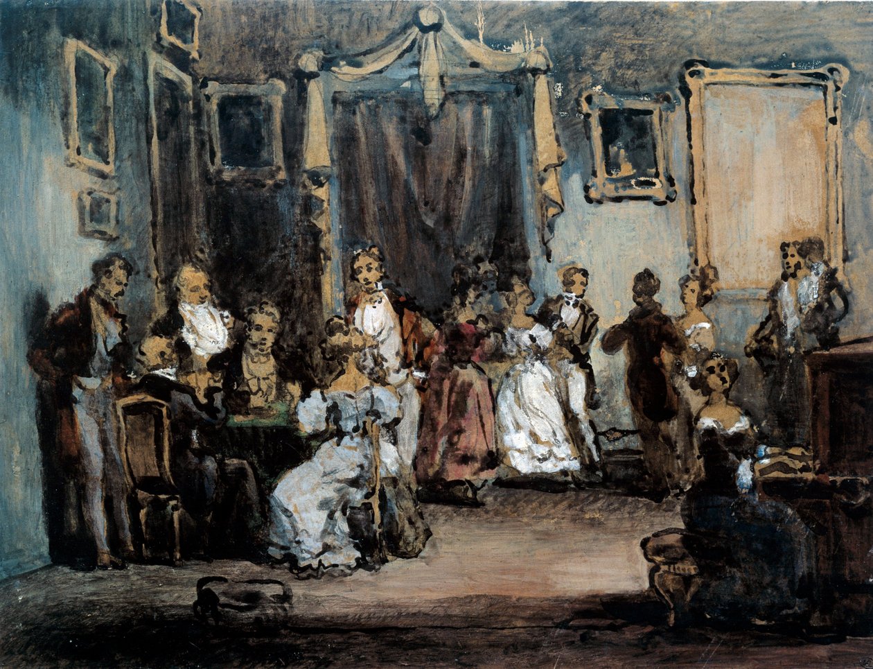 Parisli bir kadının salonundaki Madame X sosyal toplantısında bir akşam. Suluboya Henry Monnier (1805-1877) 19. yüzyıl by Henri Bonaventure Monnier