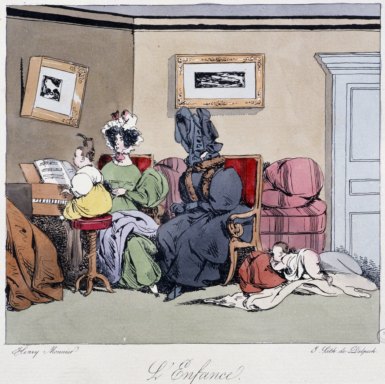 Çocukluk (piyano dersleri) - Henri Monnier tarafından “” Eskiden ve bugün” içinde, ed. Delpech, Paris by Henri Bonaventure Monnier