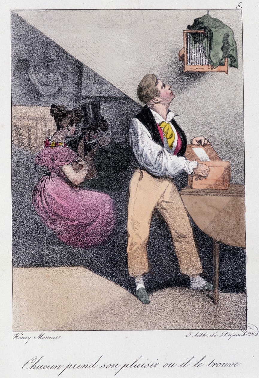 Karısı onu aldatırken kuşları besleyen adam: “” Herkes zevkini alır ya da o onu bulur”” - Henry Monnier, “Les pastemps”de, ed. Delpech, Paris, v.1830 by Henri Bonaventure Monnier
