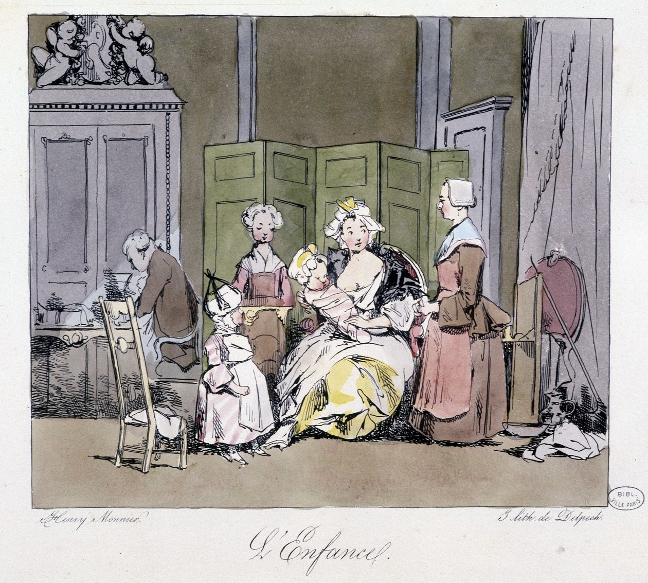 18. yüzyılın aristokrasisinde sütanne, hizmetçiler, bebek ve çocuk - Henri Monnier, ed. Delpech, Paris by Henri Bonaventure Monnier