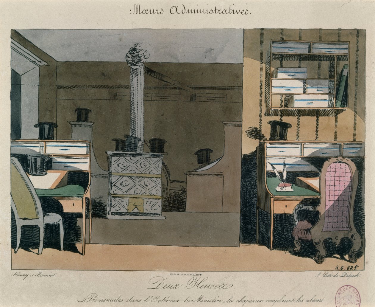 Öğle yemeği sırasında Parisli bir ofiste sahne, 1830 dolayları (renkli gravür) by Henri Bonaventure Monnier
