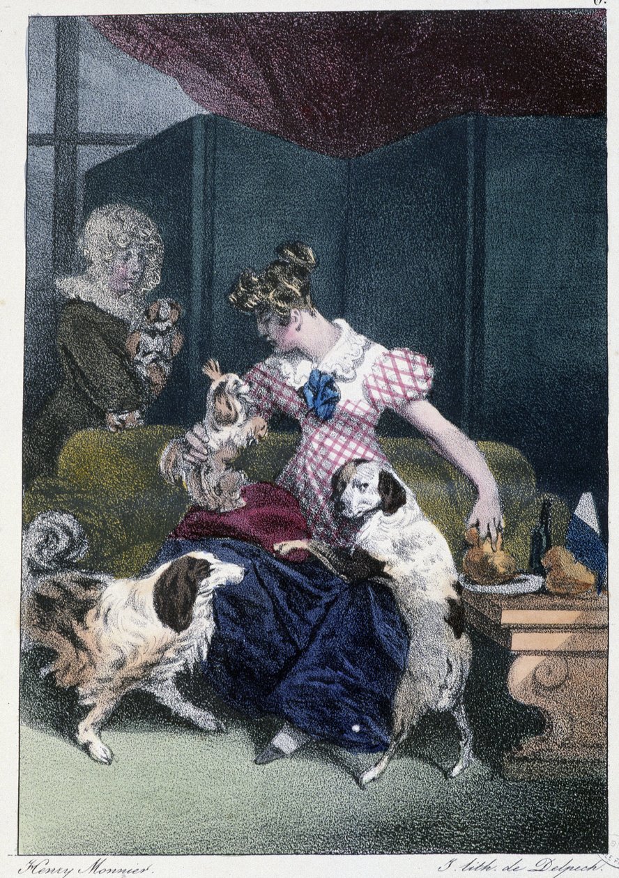 Köpekli genç kız: “” Herkes kendisini bulduğu yerden zevk alır”” - Henri Monnier tarafından “” Les pastemps”de, ed. Delpech, Paris by Henri Bonaventure Monnier