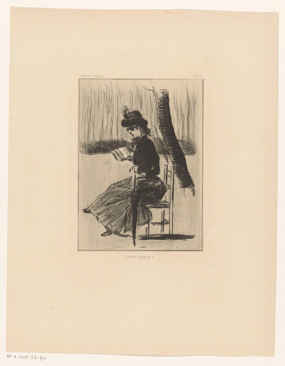 Petits Croquis 5'in dışında bir sandalyede bir kitap ve bir şemsiye olan kadın (nesnedeki başlık) by Henri Boutet