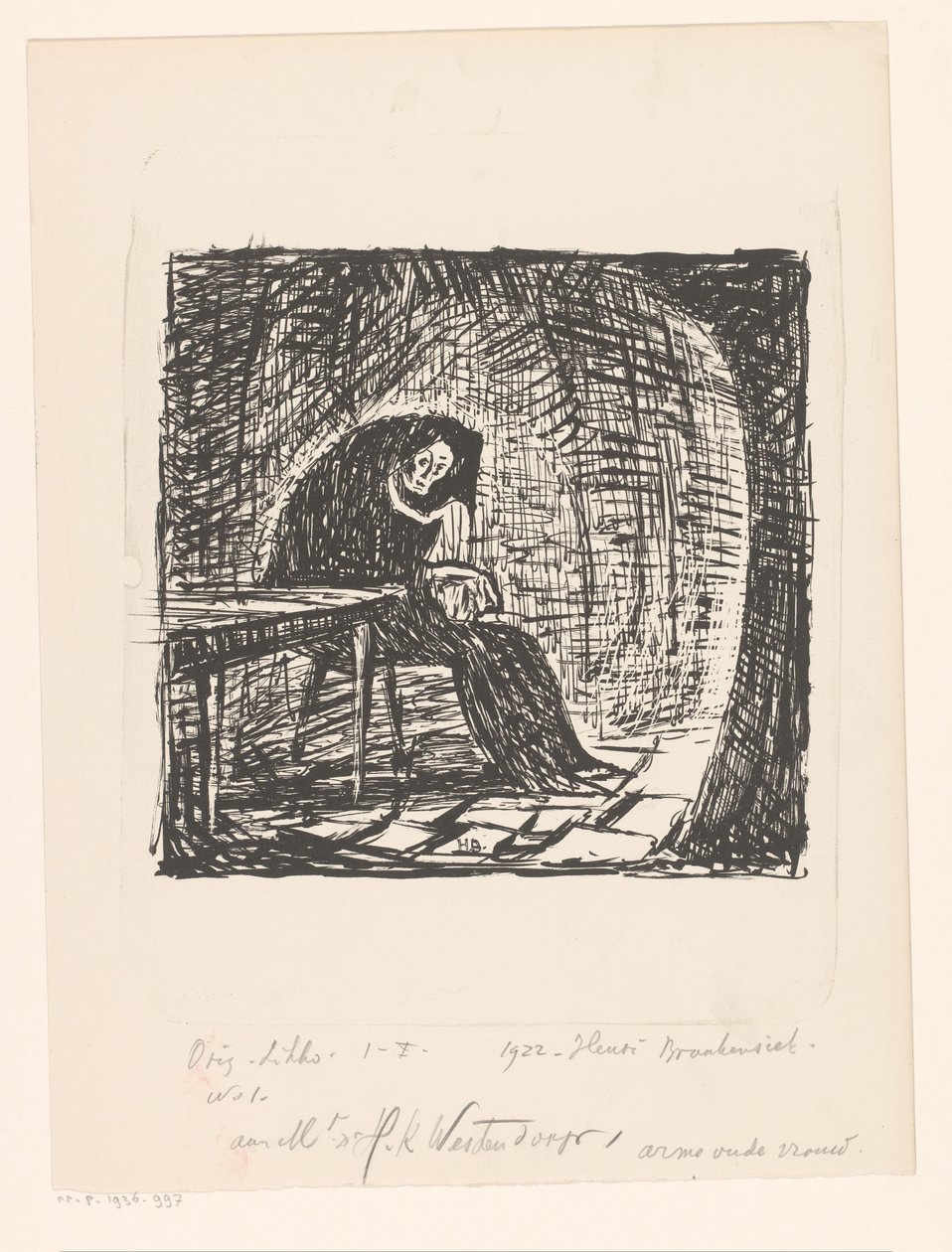 Zavallı yaşlı kadın (nesne üzerindeki orijinal başlık) by Henri Braakensiek (signed by artist)