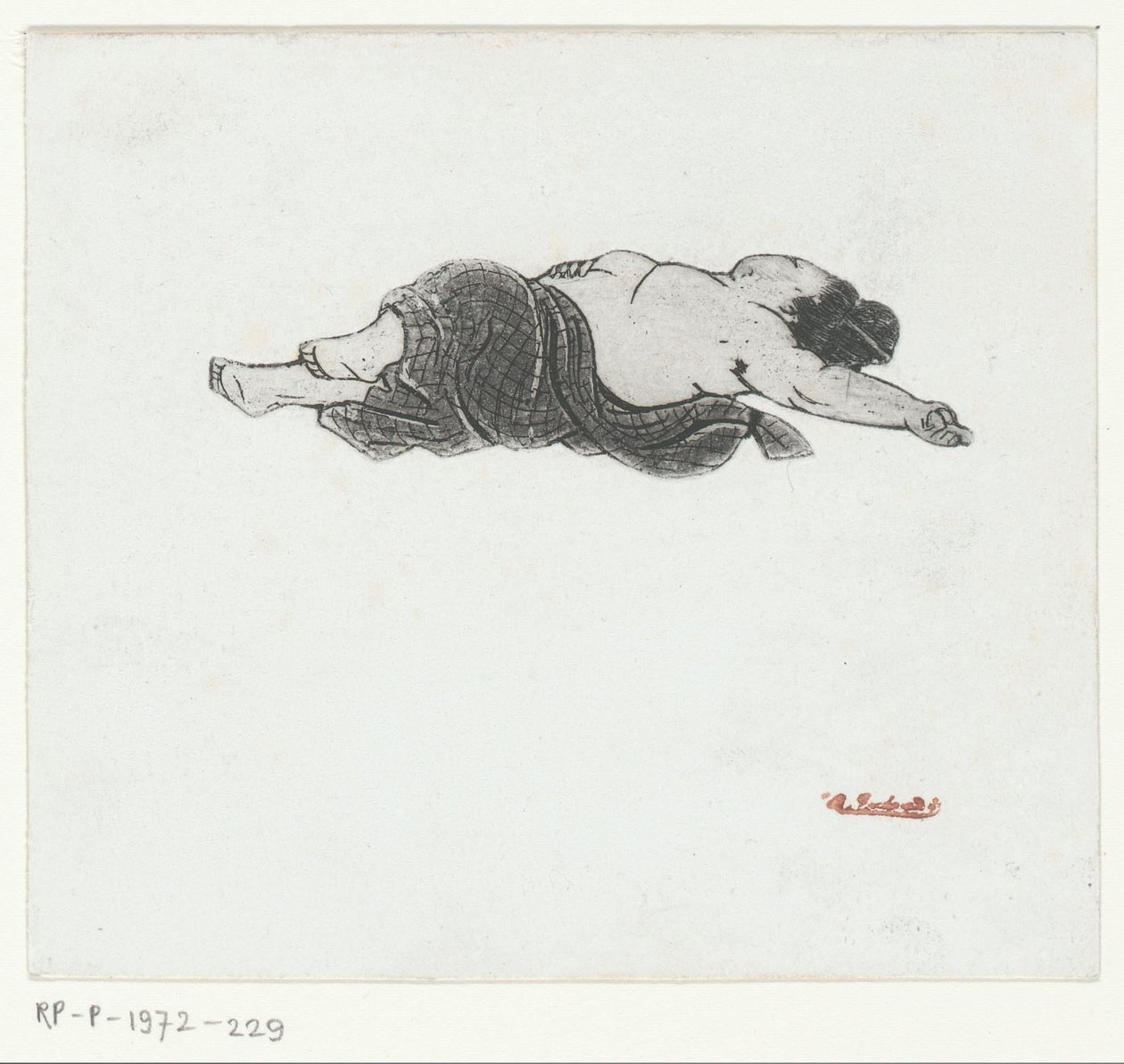 Çıplak göğüslü Japon kadın uzanmış by Henri Charles Guérard (attributed to)