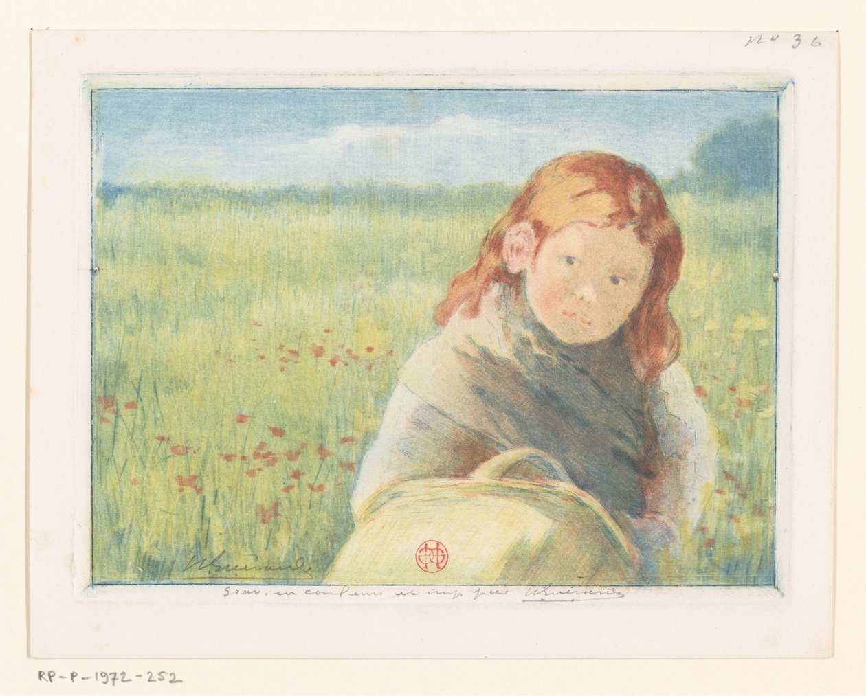 Bir çiçek çayır sepeti ile kız by Henri Charles Guérard (signed by artist)