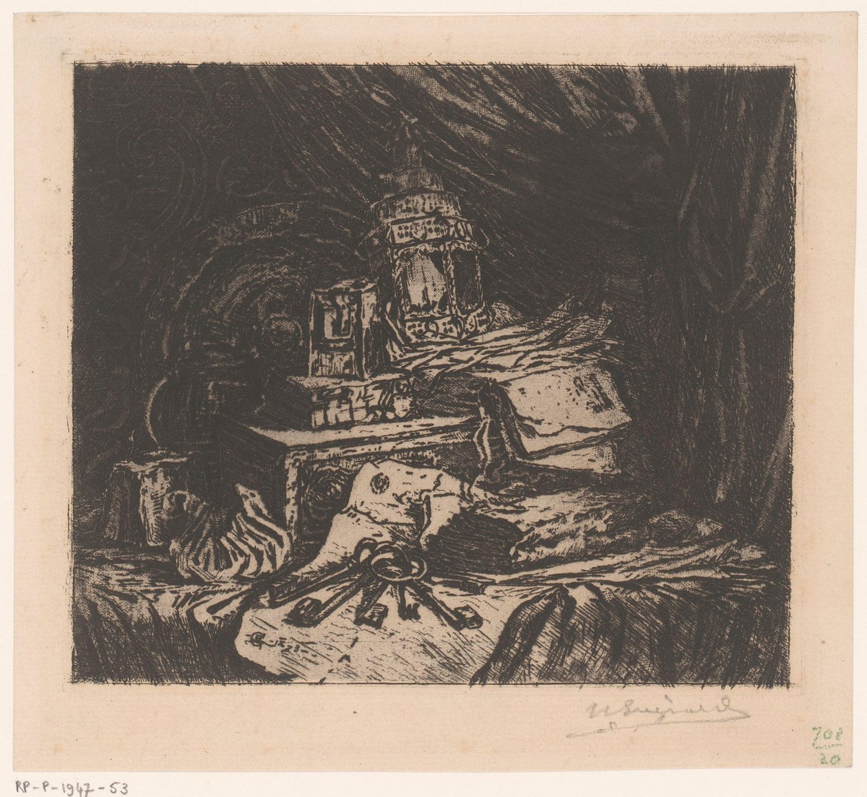 Anahtarlar ve fener ile natürmort by Henri Charles Guérard (signed by artist)