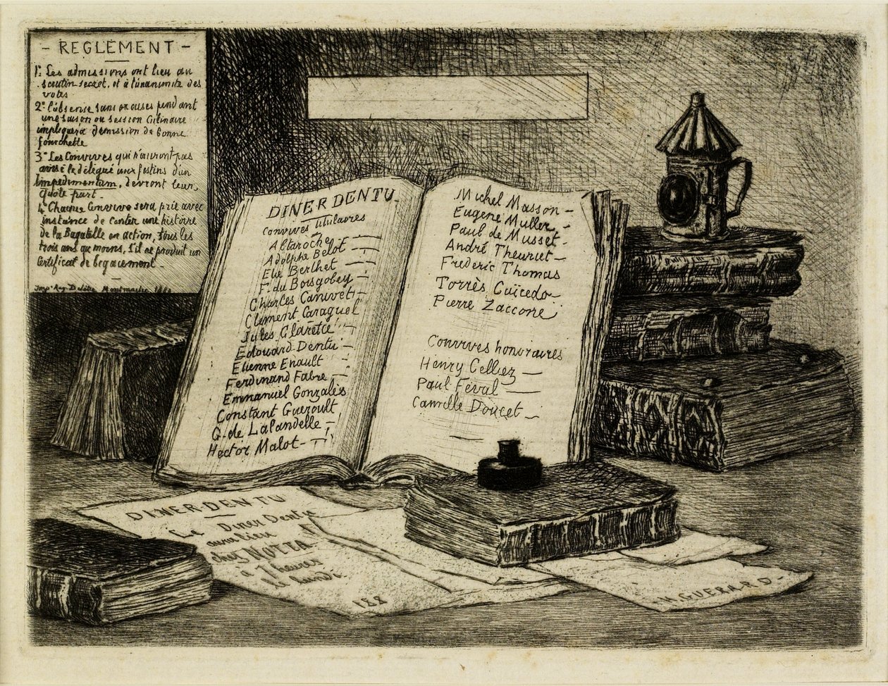Bouquins et lanterne (Kitaplar ve fener), 1880 (gravür, kuru nokta) by Henri Charles Guérard