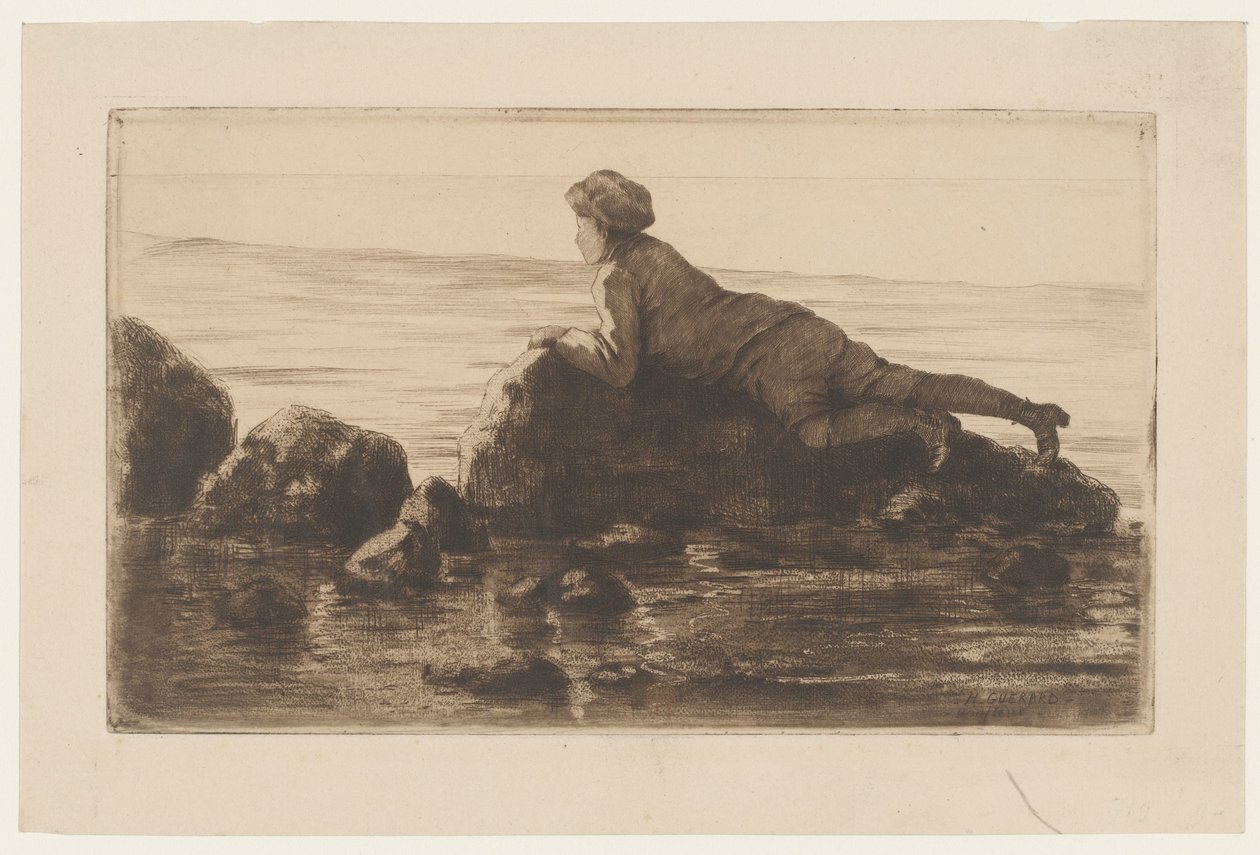 Sahilde kayalar üzerinde yatan çocuk by Henri Charles Guérard