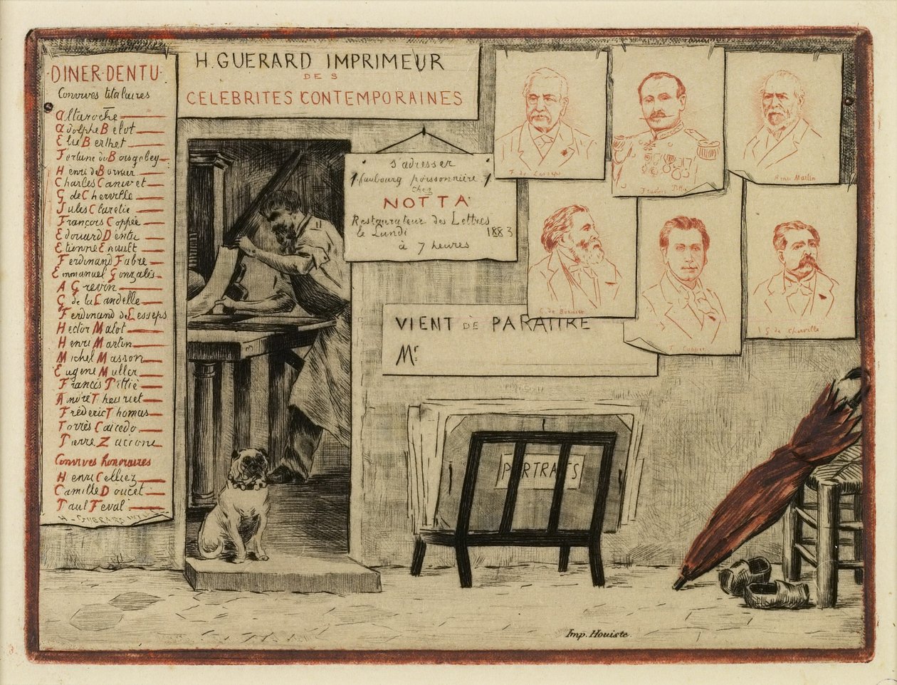 Messieurs de Lesseps, Coppée, General Pittié, de Bornier, Henri Martin, Mis de Cherville, 1883 portreleri (gravür, kuru nokta) by Henri Charles Guérard
