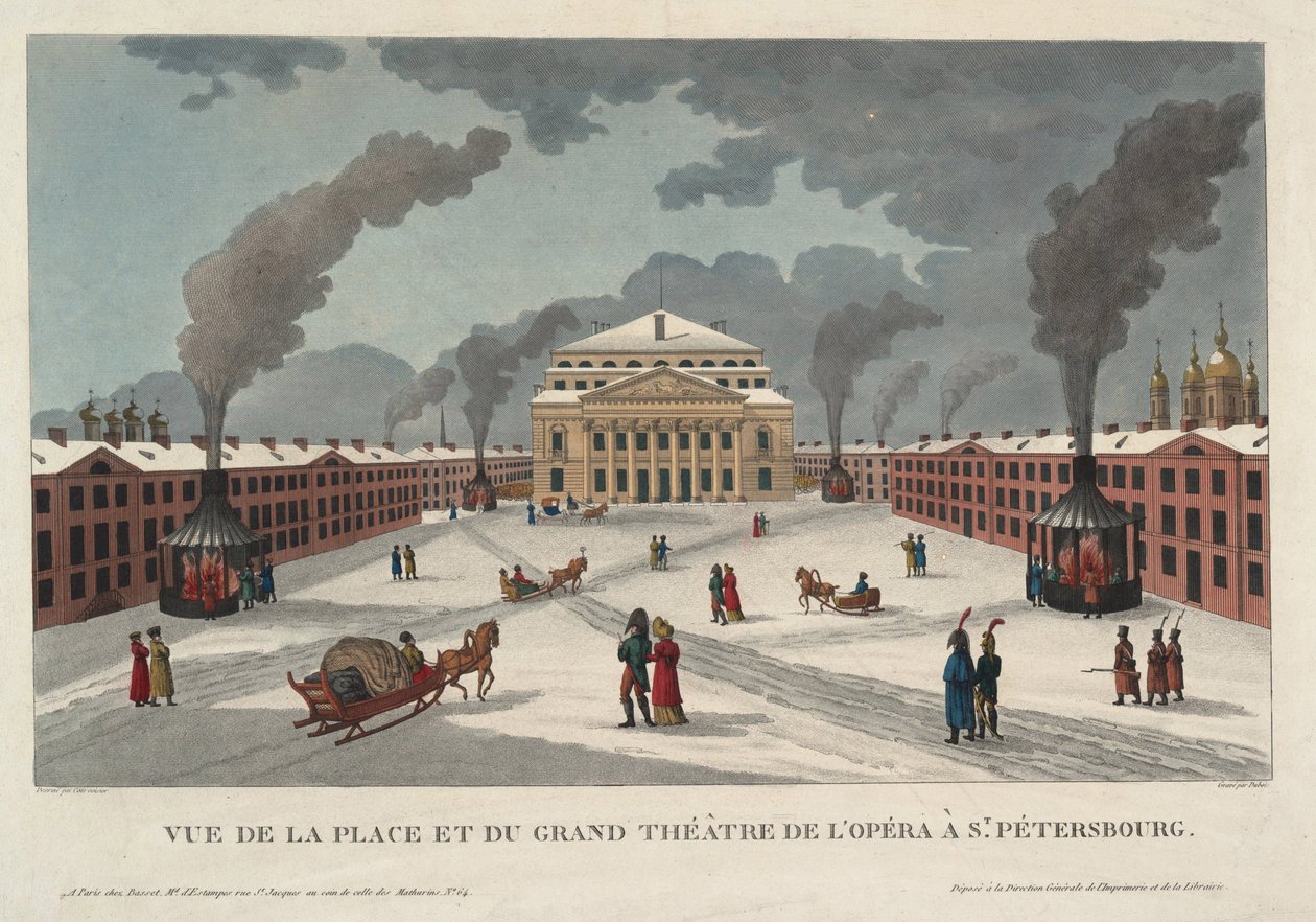 Saint Petersburg İmparatorluk Bolşoy Kamenny Tiyatrosu - Courvoisier-Voisin, Henri (1757-1830) - c. 1811 - Gravür, sulu boya - 41,7x58 - Özel Koleksiyon by Henri Courvoisier Voisin