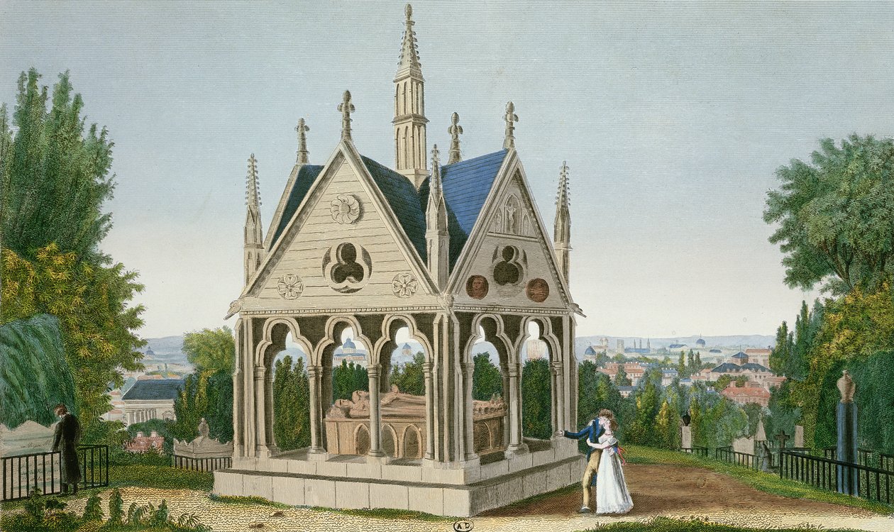 Pere Lachaise Mezarlığındaki Heloise ve Abelard Mezarı, 1815-20 (renkli gravür) by Henri Courvoisier Voisin