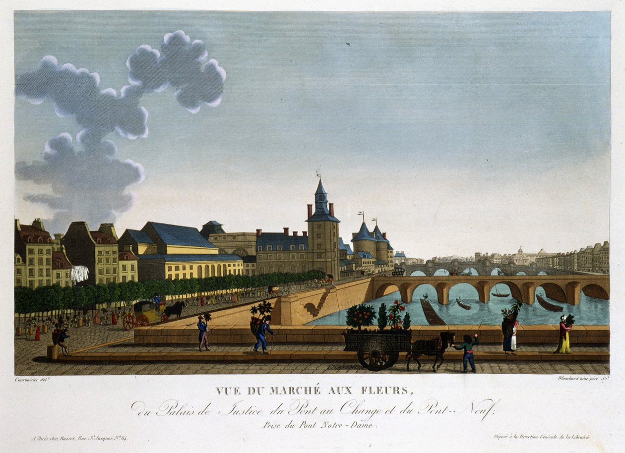 Çiçek pazarının, takas köprüsünün ve yeni köprünün görünümü - Courvoisier tarafından “” Vues de Paris”te by Henri Courvoisier Voisin