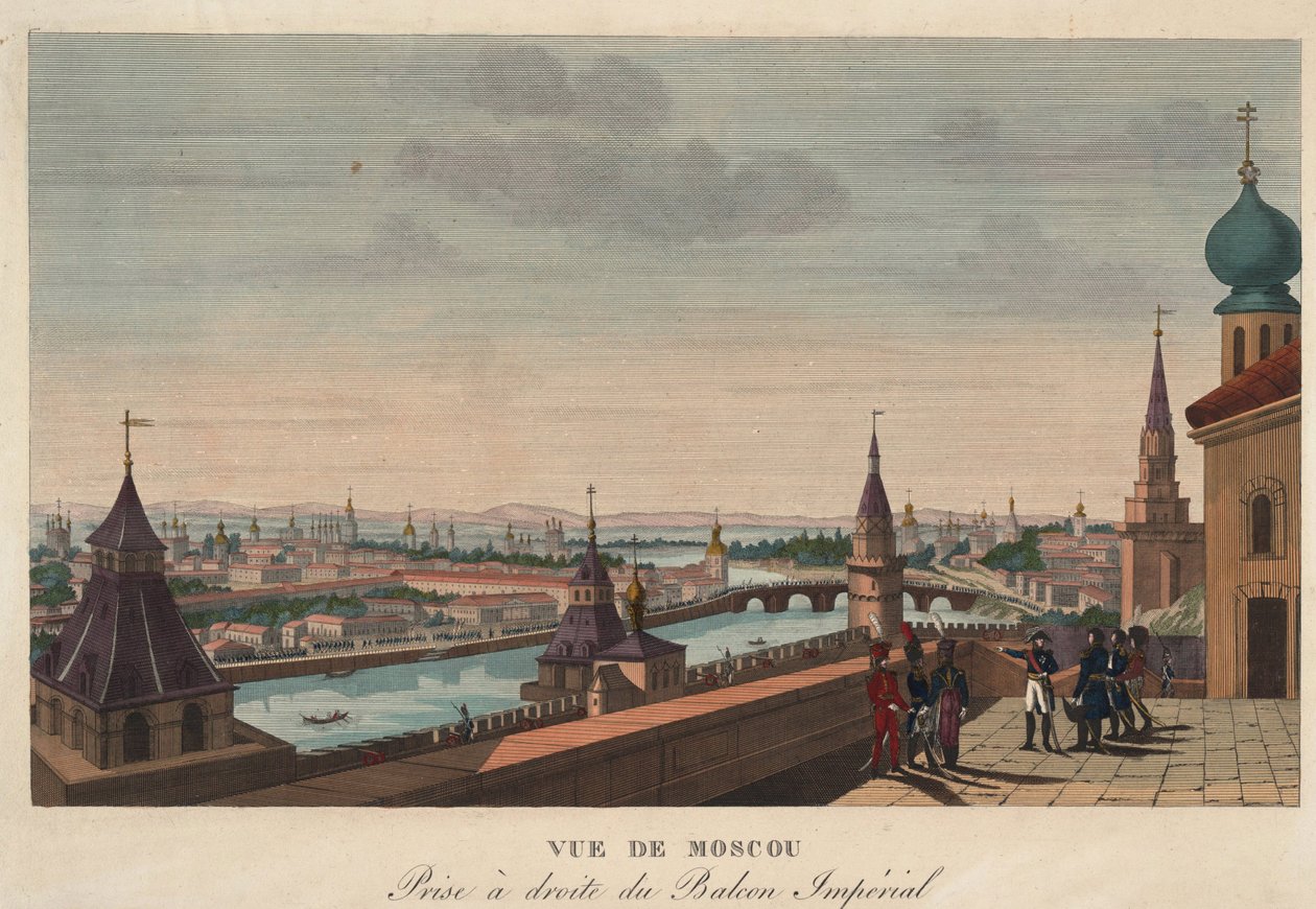 İmparatorluk Sarayı'nın balkonundan Moskova manzarası, Rusya"" (İmparatorluk Sarayı'nın balkonundan alınan Moskova manzarası) Gravür Henri Courvoisier-Voisin (1757-1830) - 1812 Dim 40,7x55.6 cm Özel Koleksiyon by Henri Courvoisier Voisin