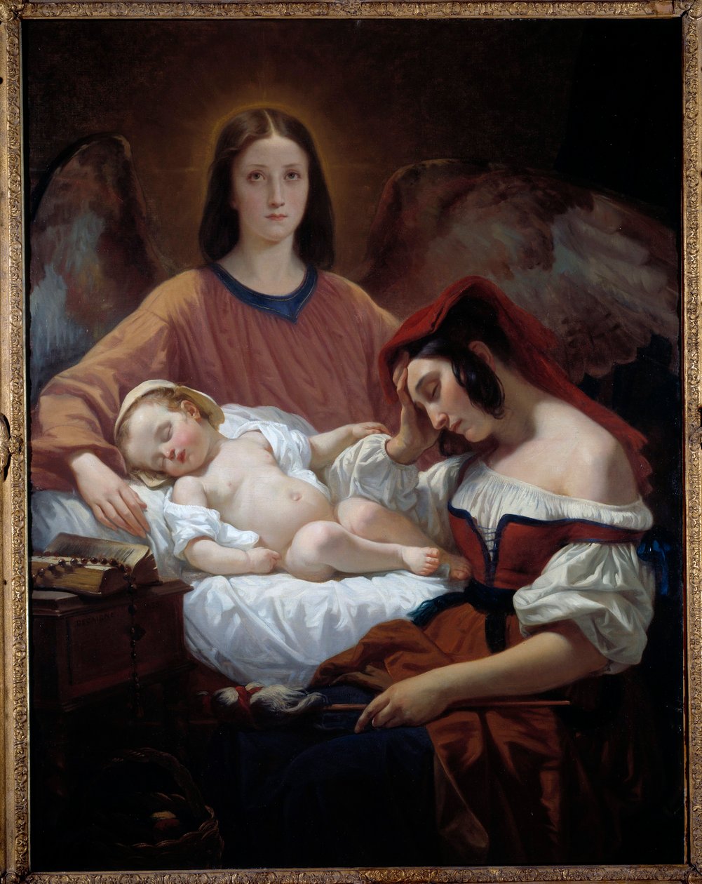 Koruyucu Melek Bir melek, bir anne ve uyuyan çocuğunu gözetler. Henri Decaisne (1799-1852) tarafından yapılan boyama by Henri Decaisne