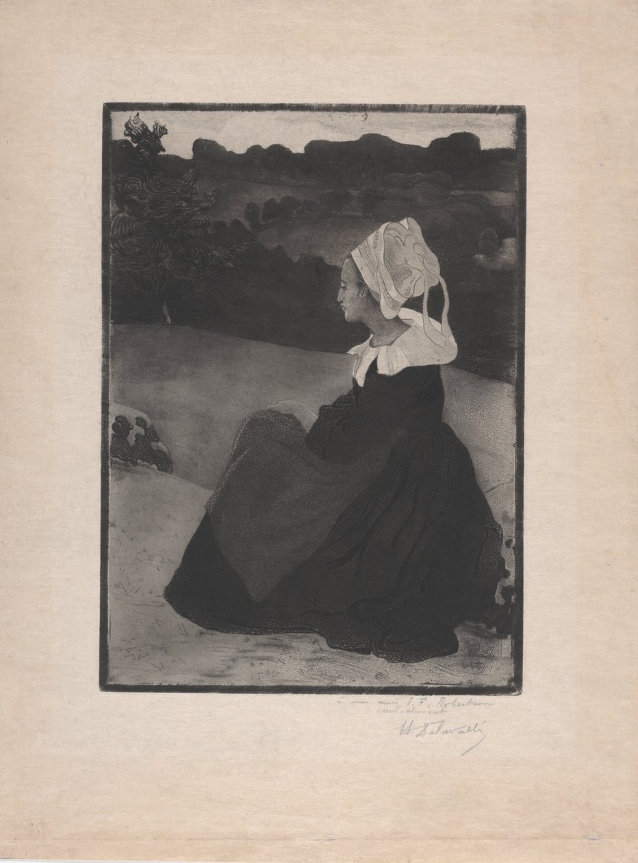 Bretonne assise (Oturmuş Breton Kadın) c.1893 (yumuşak zemin gravürü ve aquatint) by Henri Delavallee