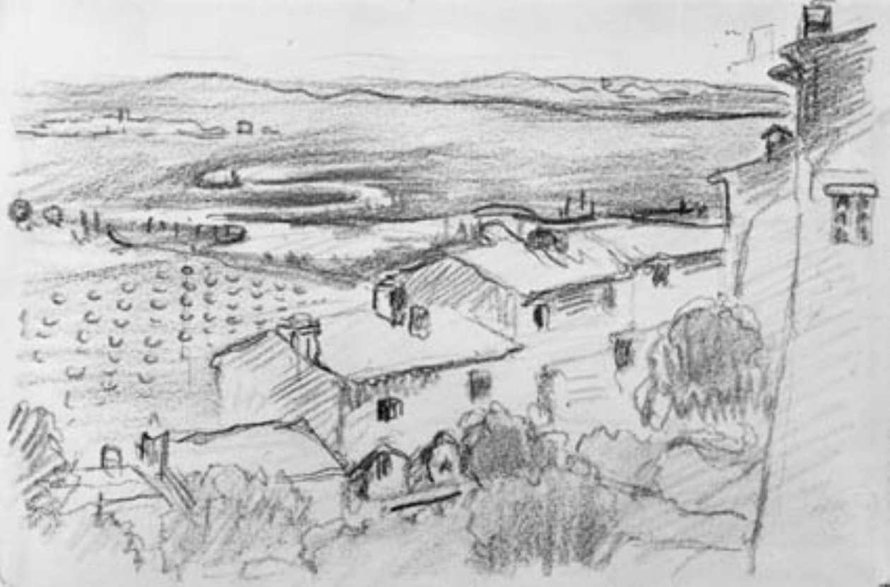 Denize bakan tarlaların ve çayırların üzerinden bir köyden manzara. Bormes-les-Mimosas by Henri Edmond Cross