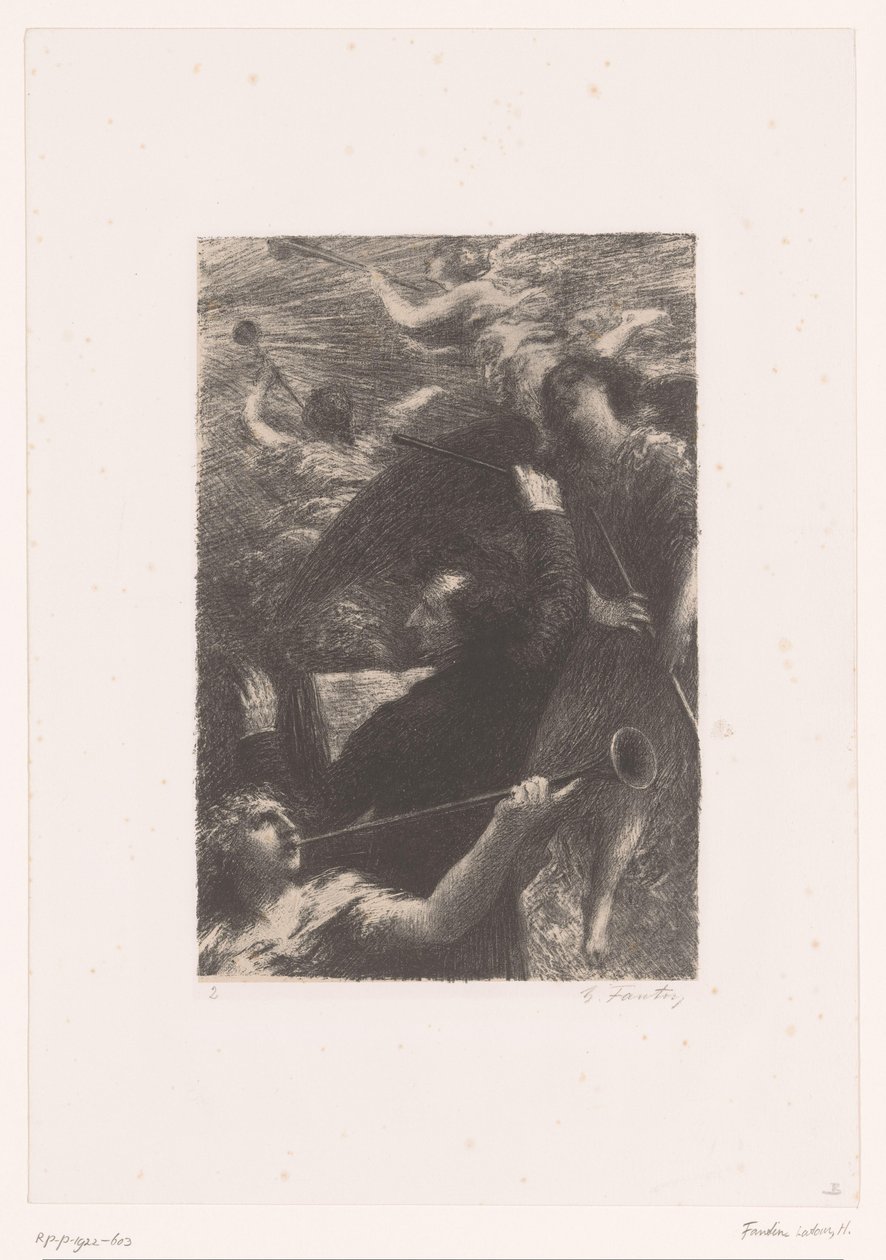 Berlioz, dört trompet üfleyen melek arasında şeflik yapıyor Tuba mirum spargens sonum Hector Berlioz'un hayatı ve eserleri (dizi adı) by Ignace Henri Jean Fantin Latour