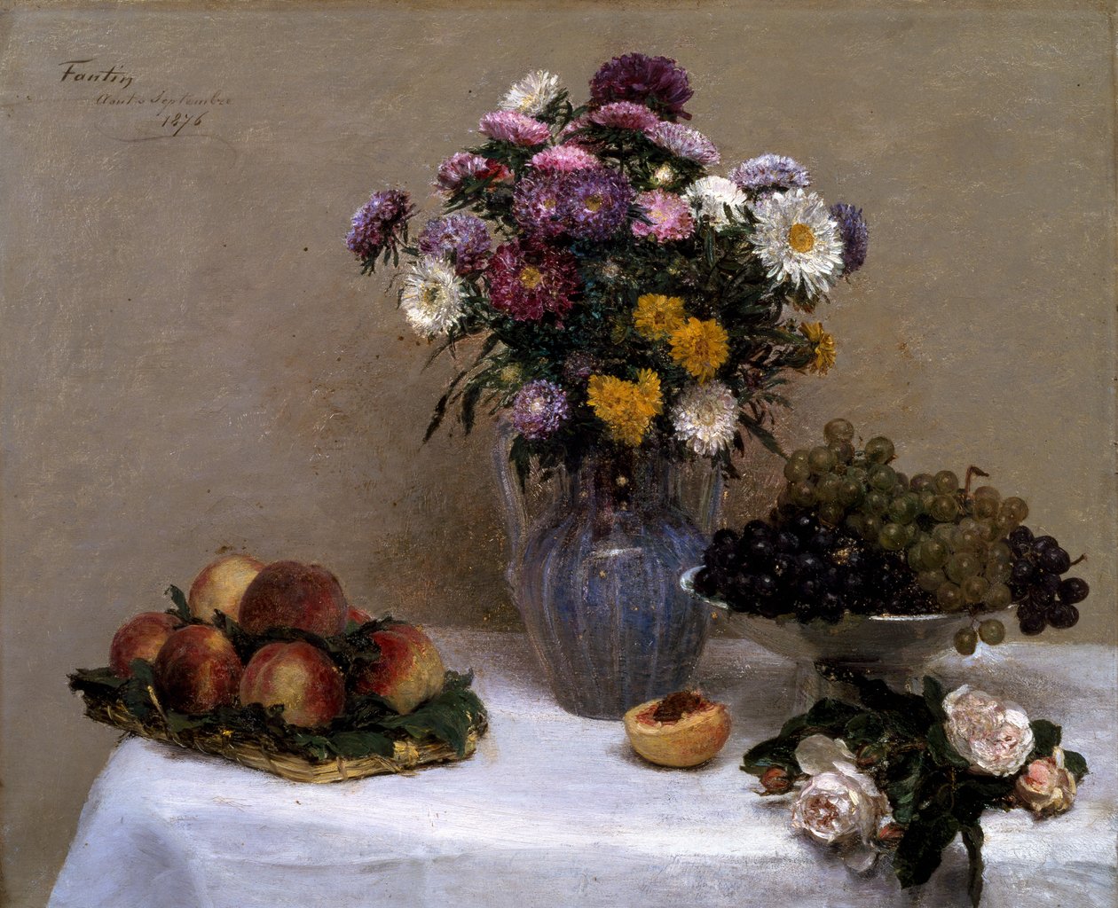 Vazoda Beyaz Güller ve Krizantemler by Ignace Henri Jean Fantin Latour