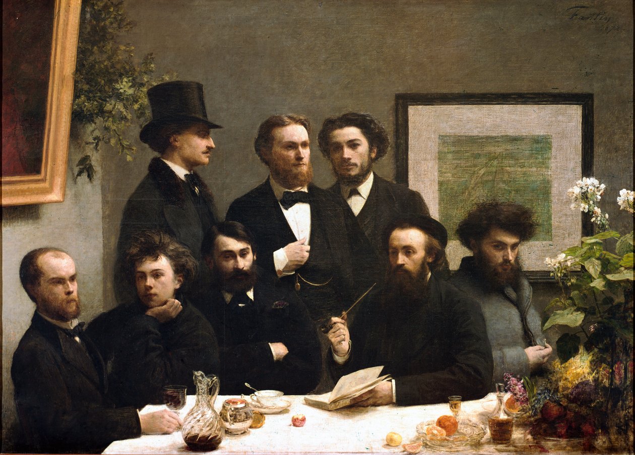 Masa köşesi: soldan sağa: Paul Verlaine, Arthur Rimbaud, Elzear Bonnier, Leon Valade, Emile Blemont, Jean Aicart, Ernest d'Hervilly, Camille Pelletan (tuval üzerine yağlı boya by Ignace Henri Jean Fantin Latour