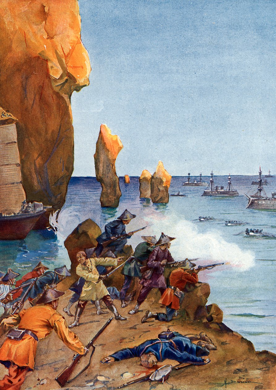 Tonkin'in Kolonizasyonu: "" Fransız Amiral Amedee Courbet, Filosunu Ağustos 1883'te, Vietnam, Boyunca Körfez'de (Ha Long) Yönetiyor" (Tonkin Harekatı: Amiral Amedee Courbet, Temmuz'da Boyunca Körfez'de - Ağustos 1883, dah by Henri Gaston Darien