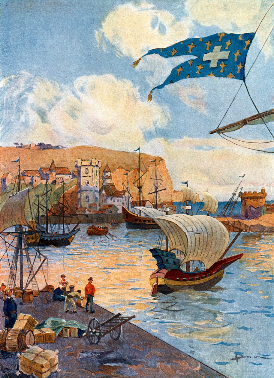 Fransız kaşif Jean Cousin zamanında Normandiya'daki Dieppe şehrinin görünümü, 15. yüzyılın sonu by Henri Gaston Darien