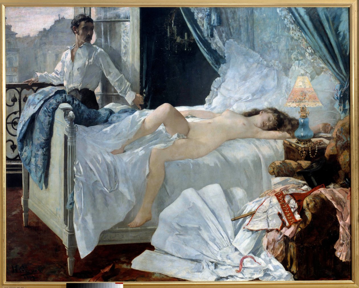 Rolla. Yatak odasında bir çift, kadın çıplak uyuyor ve adam ona pencereden bakıyor. Henri Gervex'in (1852 - 1929) tablosu. 1878. Dim. 1,75 x 2,20 m Musee des Beaux Arts de Bordeaux - Rolla. Yatak odasında bir çift, kadın uyuyor ve na by Henri Gervex