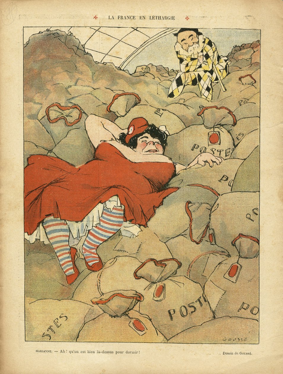 Le Rire'de Henri Gousse'nin (1872-1914) resmi, 03/04/09 - La France en lethargie - Social, Greve, Courrier La Poste Postal - Clemenceau George, Marianne by Henri Gousse