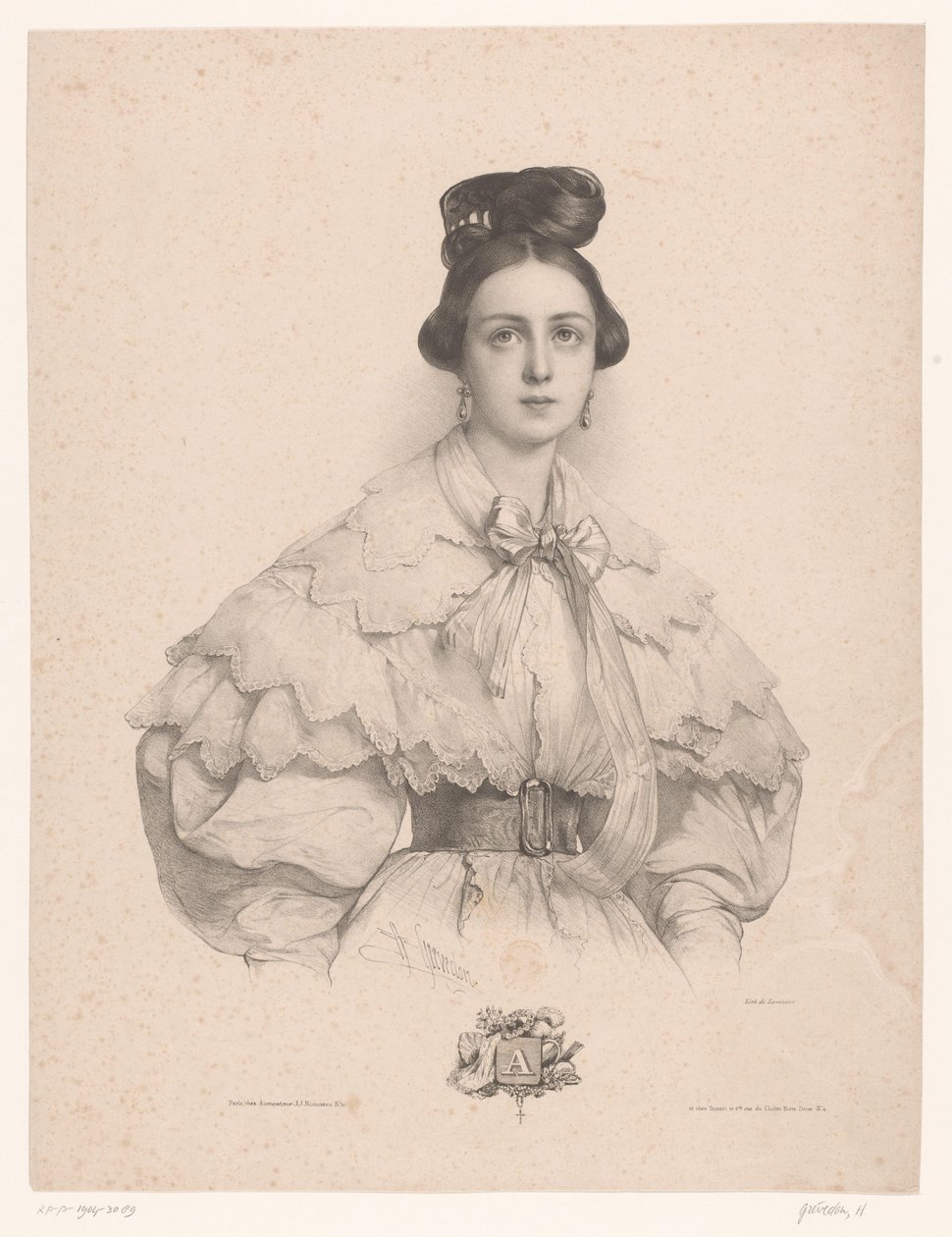A harfi ile adı olan genç kadın A (nesne üzerindeki başlık) Alfabenin her harfi için bayanlar (dizi başlığı) Le Miroir des Dames, ou yeni alfabe français (dizi adı) by Henri Grevedon