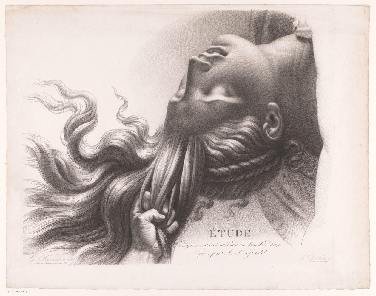 Saçından çekilen genç bir kadının başı Étude dessinée d'après le tableau d'une Scène de Déluge peint par AL Girodet (nesne üzerindeki başlık) by Henri Guillaume Chatillon