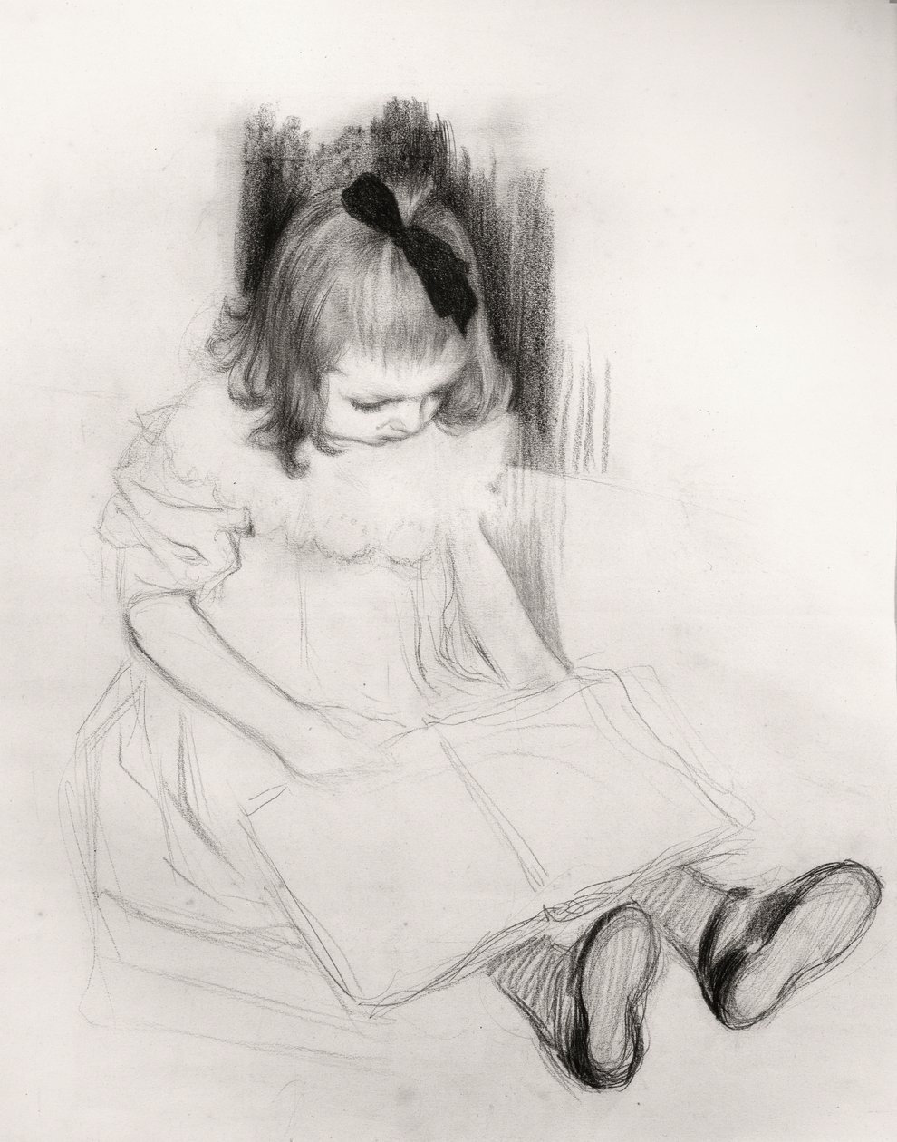 Kız okuma (kağıt üzerine mum boya) by Henri Jacques Edouard Evenepoel