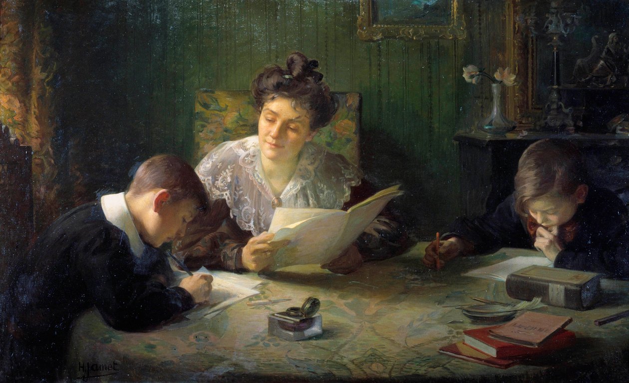 Ödev Bir anne, çocuklarına ödevlerini yapmalarında yardımcı olur. Resim Henri Jamet (1858-1940) 20. yüzyıl Orleans, Musee des Beaux Arts by Henri Jamet