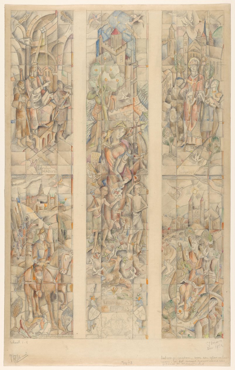 Maastricht'teki yeni Hükümet binasında vitray pencere için tasarım kartonu (nesne üzerindeki orijinal başlık) by Henri Jonas (signed by artist)
