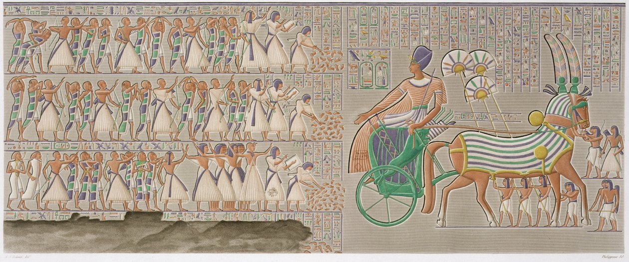 Sarayın peristilinin güney galerisinden renkli taban kabartmaları, Antoine Phelippeaux (b.1767) 1822 (aquatint) tarafından oyulmuş 'Descriptions of Egypt', Cilt II'den 12 numaralı levha by Henri Joseph (after) Redoute