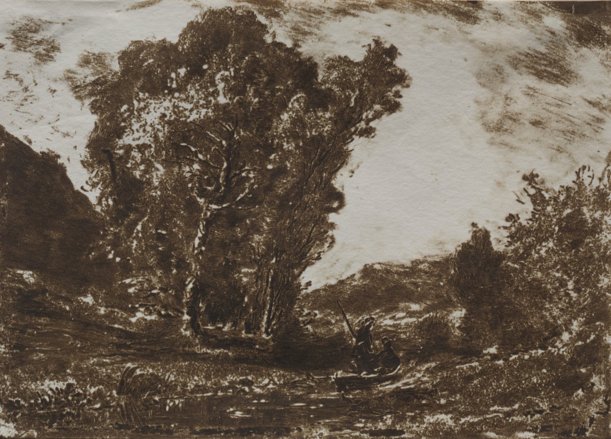Bir Ağaç Kümesinin Yakınındaki Bir Bataklıkta İki Kayıkçı by Henri Joseph Constant Dutilleux