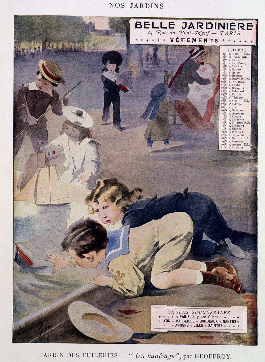 Tuileries Bahçesi'nde tekne oynayan çocuklar, Jean Geoffroy (1853-1924), takvim “” Belle Jardiniere””, “” Nos Jardins” dizisi”, ekim, ndv1900. by Henri Jules Jean Geoffroy