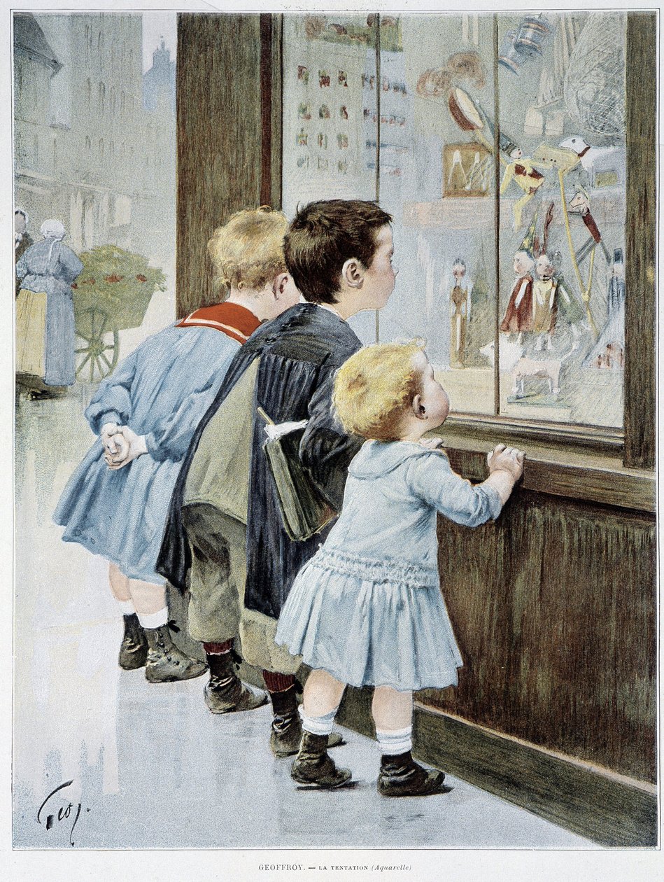 La Temptation: Çocuklar bir vitrinin önünde oyuncaklara bakıyor - hasta. Geoffroy tarafından, “” Figaro resimli””” by Henri Jules Jean Geoffroy