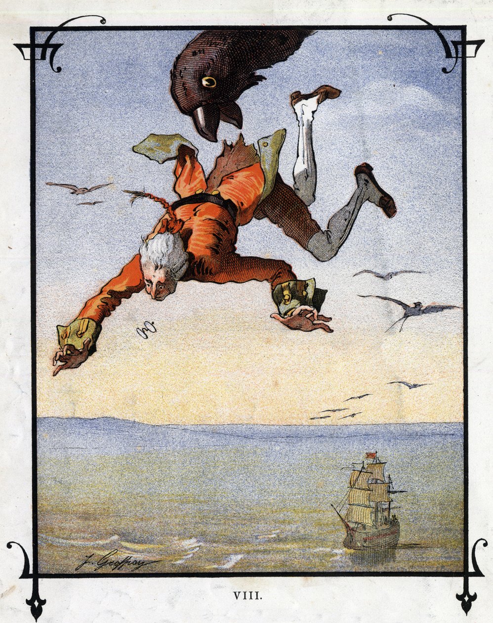 Lemuel Gulliver bir kartal tarafından sürüklenir. Jonathan Swift (1667-1745) tarafından “” Gulliver