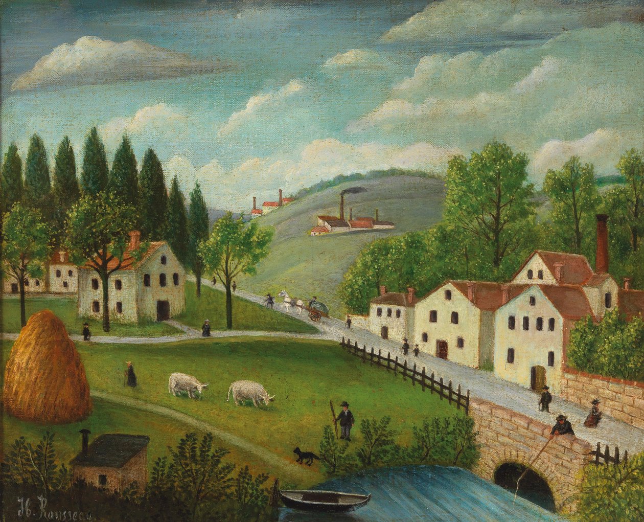 Dere, balıkçı ve bebek arabaları ile pastoral manzara, ca 1877-1880. by Henri Julien Félix Rousseau